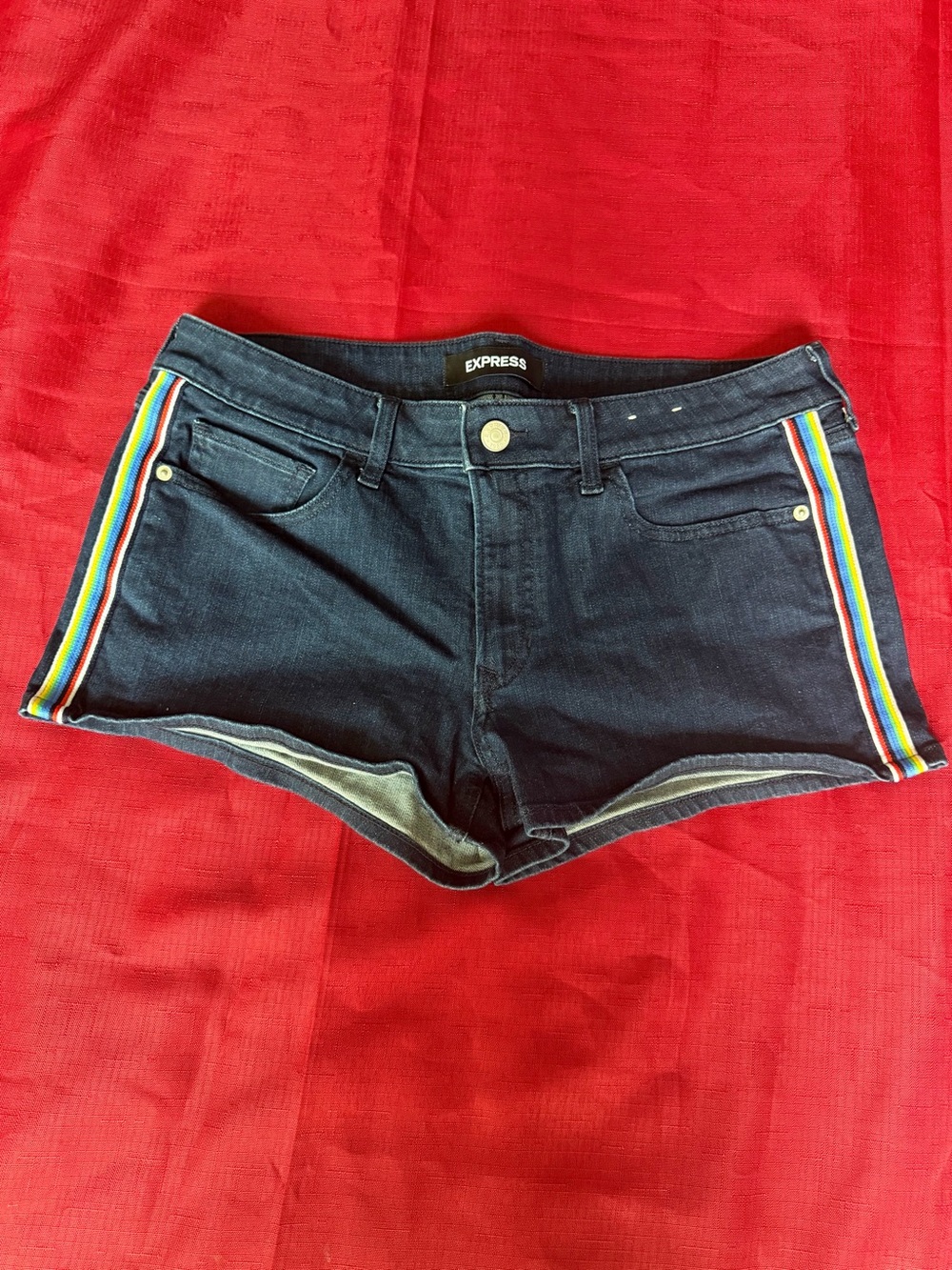 Express Black Denim Shorts with Rainbow Side Stripes